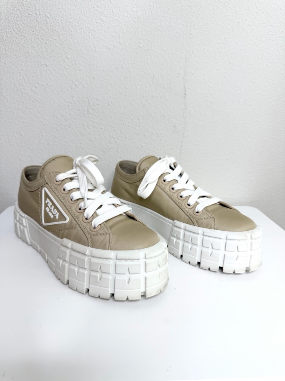 Prada Double Wheel Nylon Sneakers Gabardine Sneakers In Desert Beige Size 37.5 - Picture 3 of 12